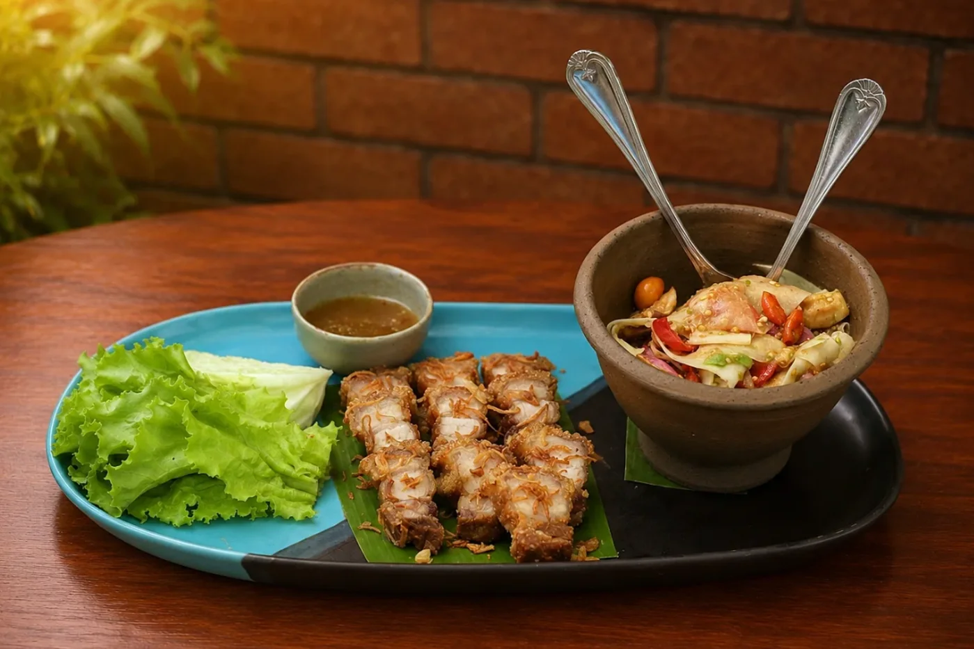 ຕຳໝາກຮຸ່ງຝຣັ່ງນ້ອຍ ຫຼື ເຜັດເຜັດ ແລະ ໝູປິ້ງ ຫຼື ໝູກອບ - Tam Mak Hoong Falang Noi or Phet Phet & Moo Ping